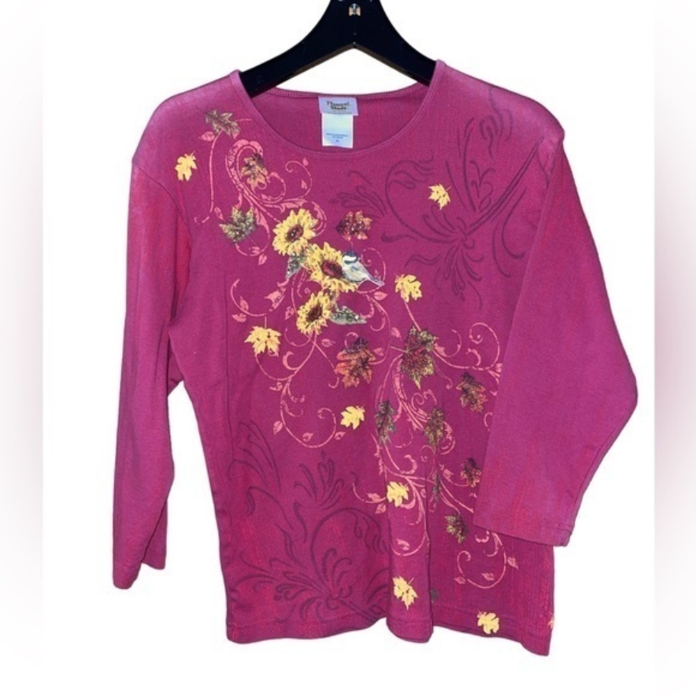 Womens Embroidered Bird Floral Tee 3/4 Sleeve Cotton Cottagecore 2X Red Granny